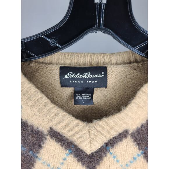 Eddie Bauer lambswool brown argyle long sleeve v-neck sweater - large - Picture 2 of 3